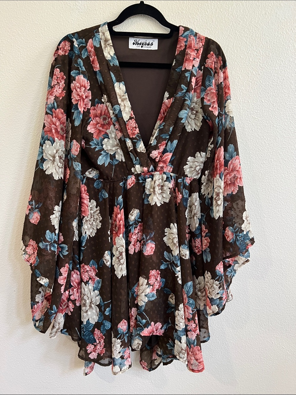 MEGHAN LA Mini Dress Flare L-Sleeve Asymmetrical Hem Clipped-Dot Brown Floral S